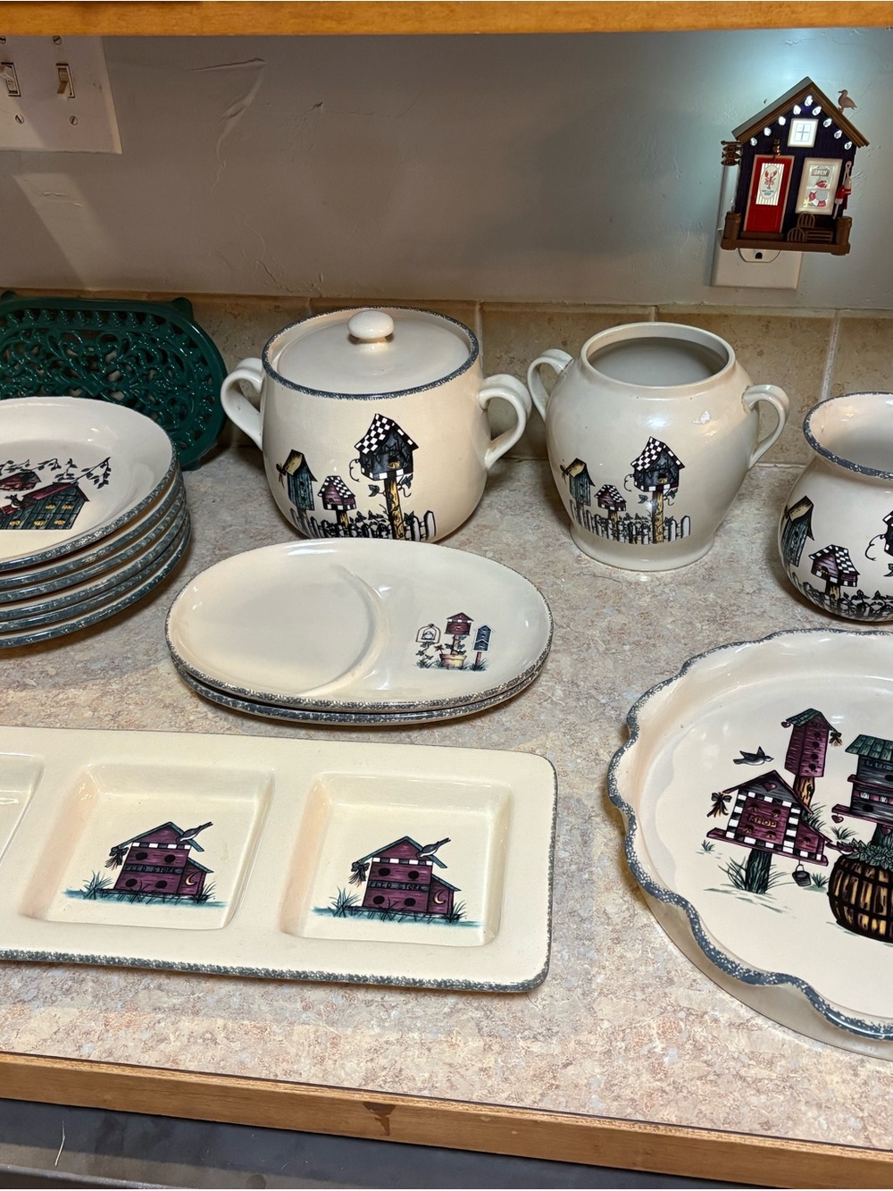 Birdhouse Home & Garden Party Ceramic Dinnerware Set with Cottage Motif -